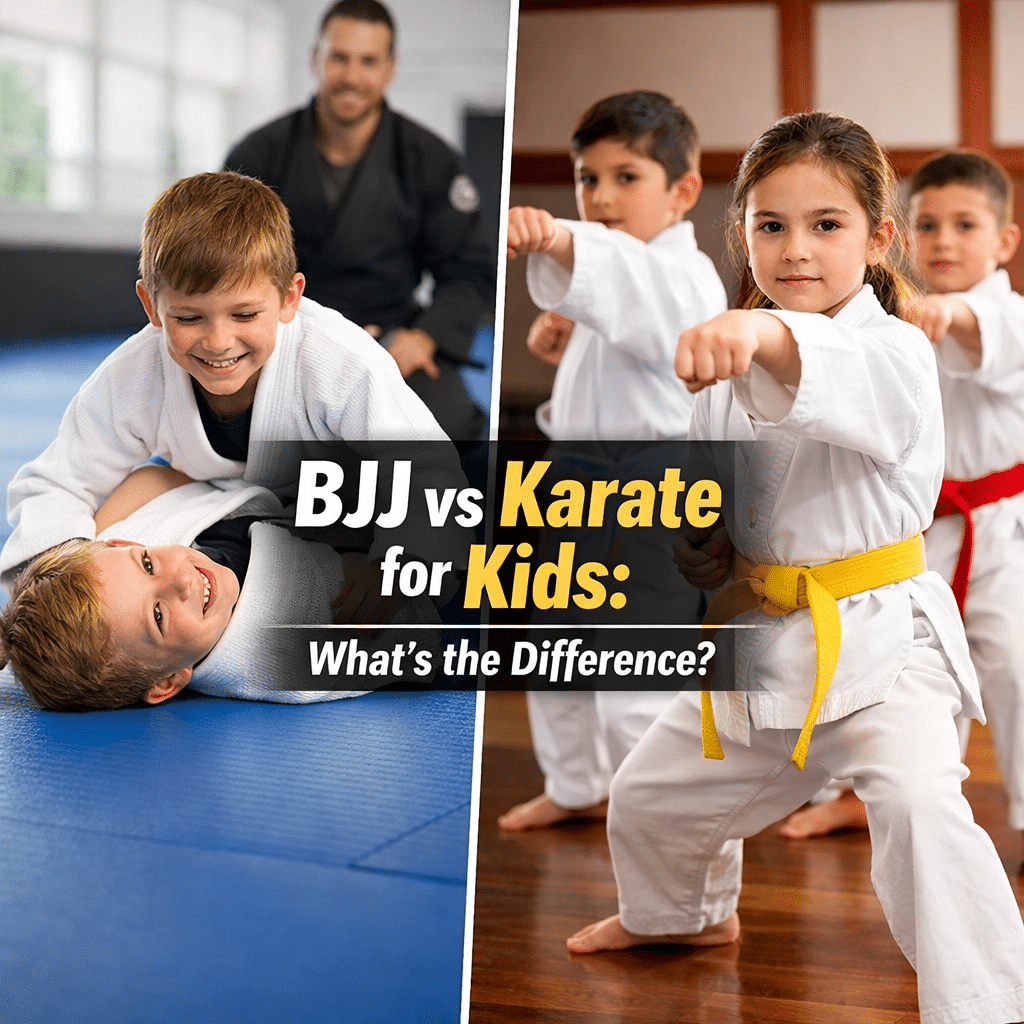 Kids Brazilian Jiu-Jitsu vs Karate comparison showing grappling vs striking martial arts for children